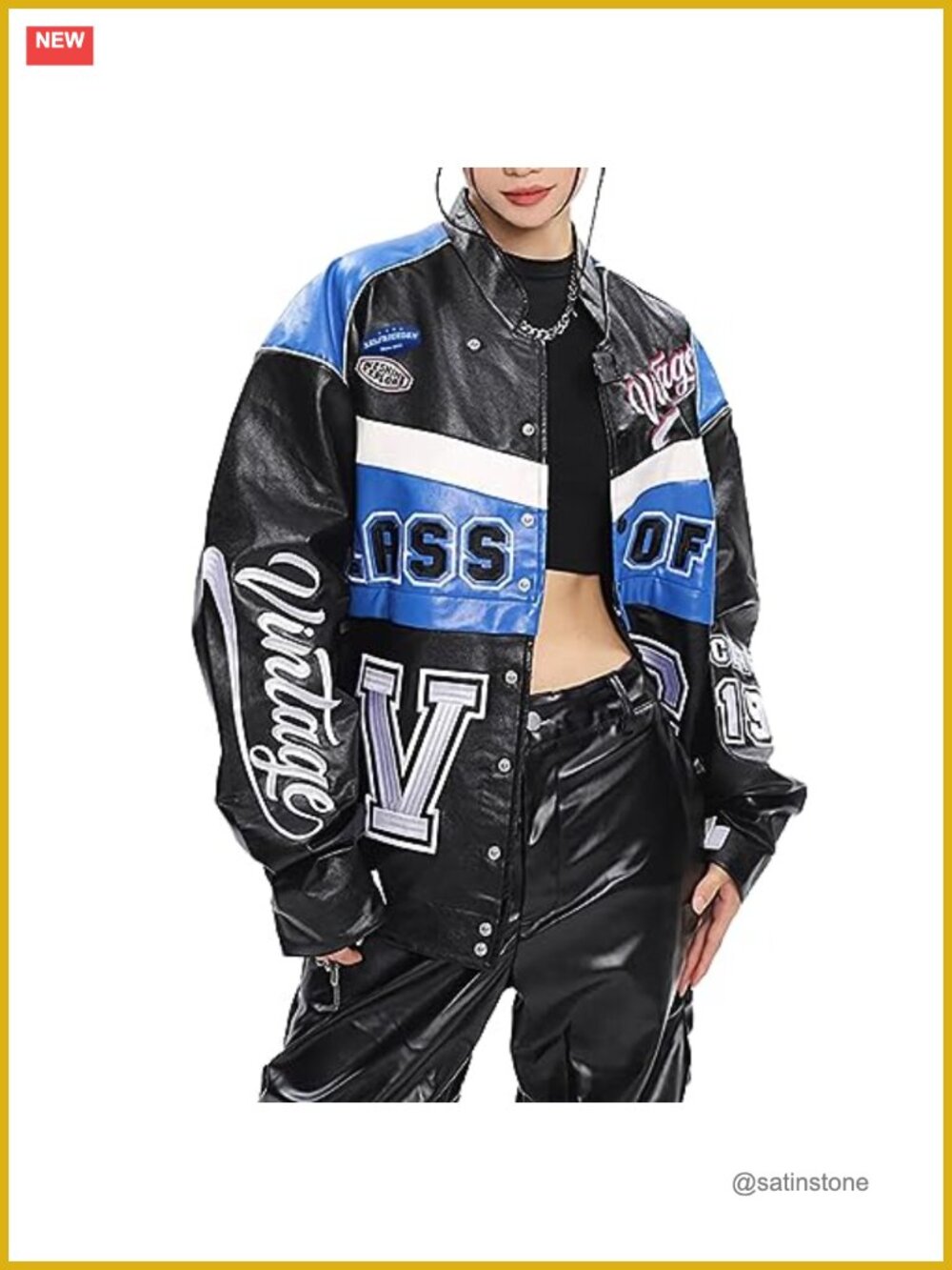 Faux Leather Y2K Detachable Racing Jacket Oversized Button Closure